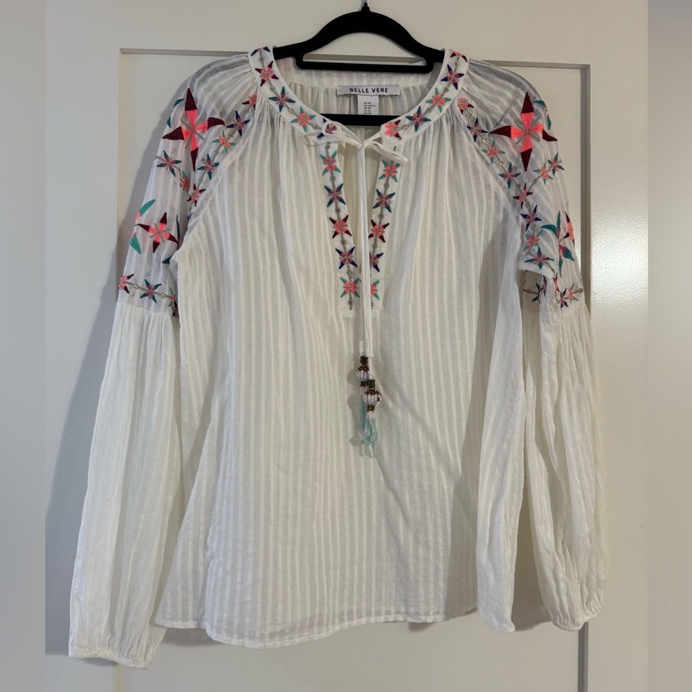Belle Vere Embroidered Long Sleeve V Neck Top with Beaded Tassels